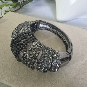 Vintage Oxidized Silver Crystal Dome Clamper Hinge Bracelet